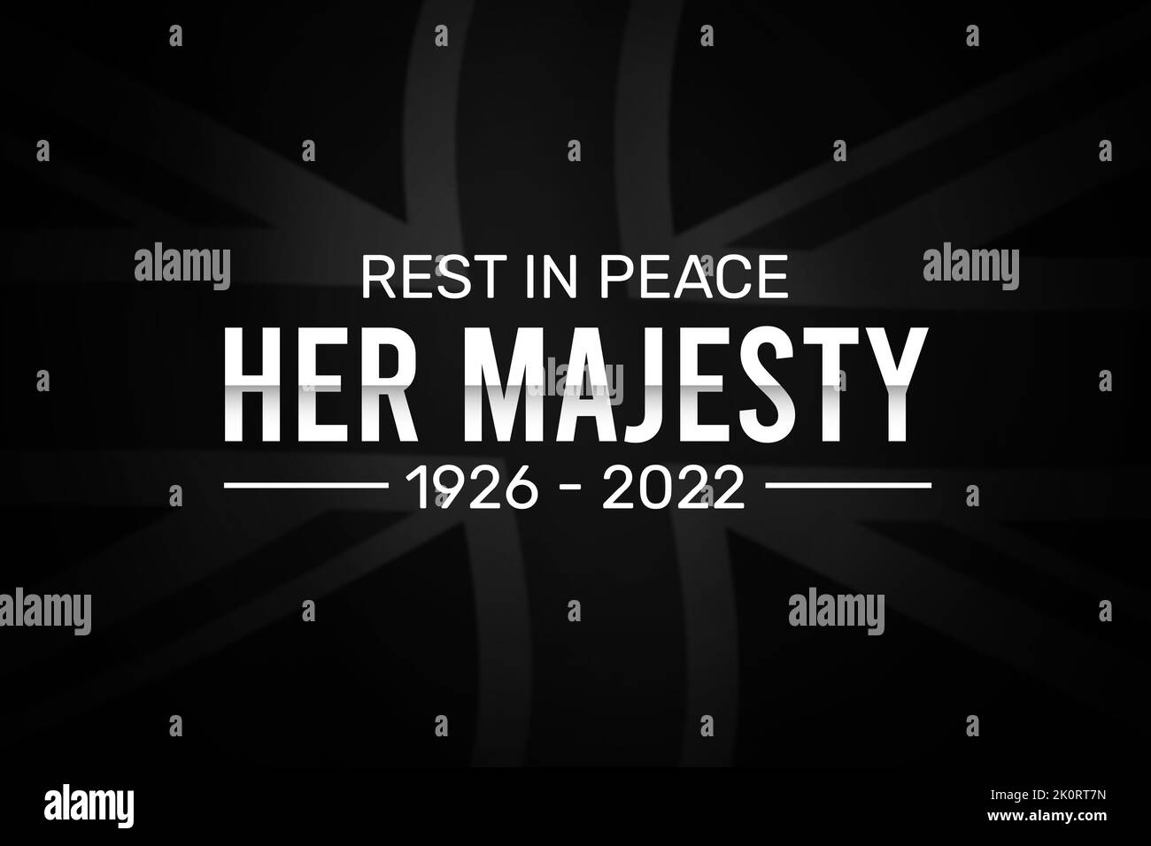 8.9.2022, United Kingdom. Rest in Peace her majesty with funeral typography and waving blur United Kingdom flag. Mourning the death of Queen Elizabeth Stock Photo