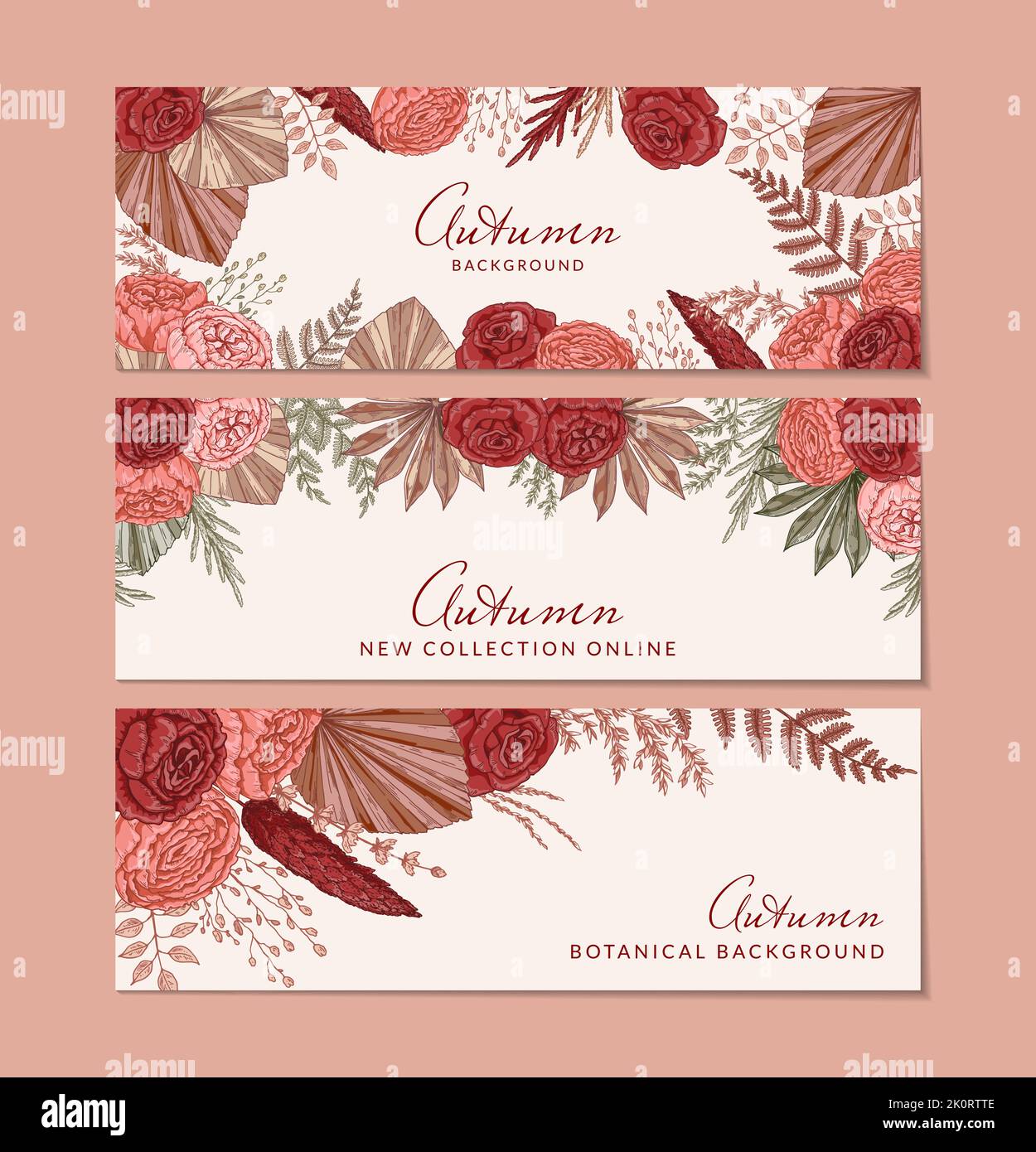Set of autumn horizontal banners with modern floral elements. Hand drawn botanical vector illustration. Space for text Stock Vector