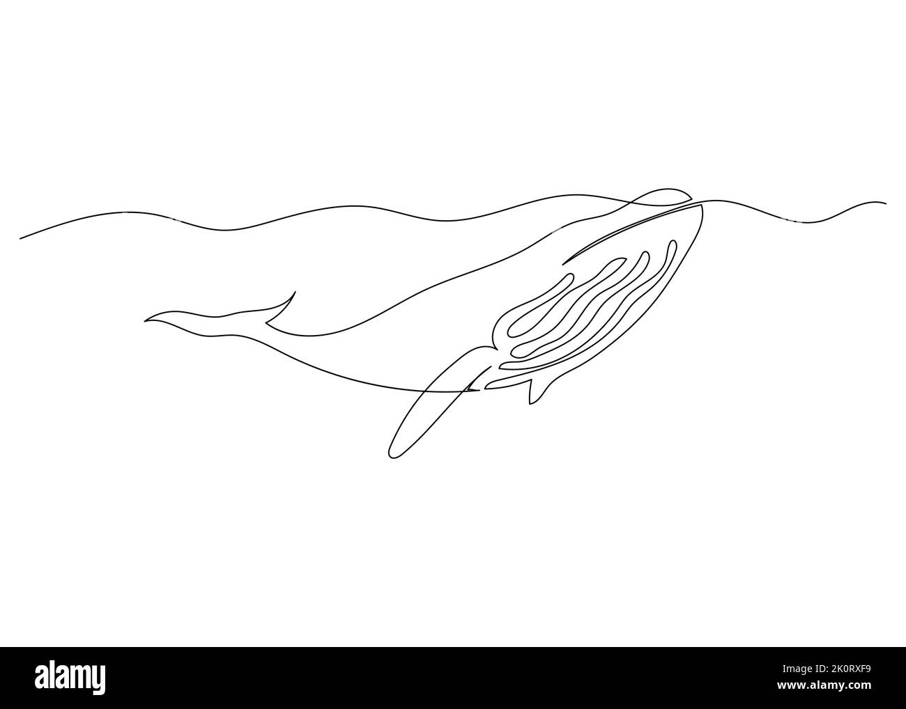 Continuous line drawing of whale with the ocean. Minimalism art. Stock Vector
