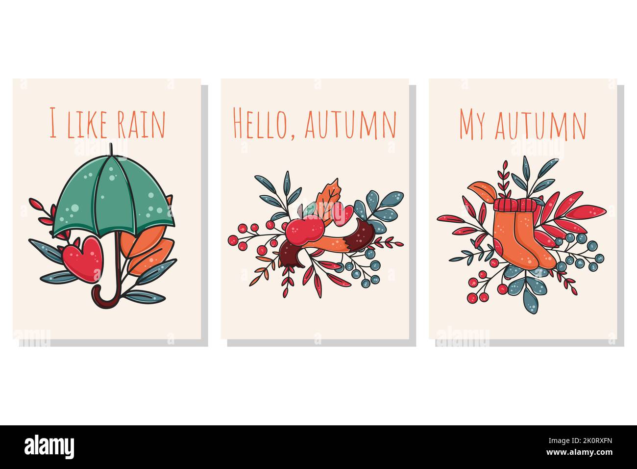 Set cards with autumn inscriptions and elements. Beautiful cozy cute