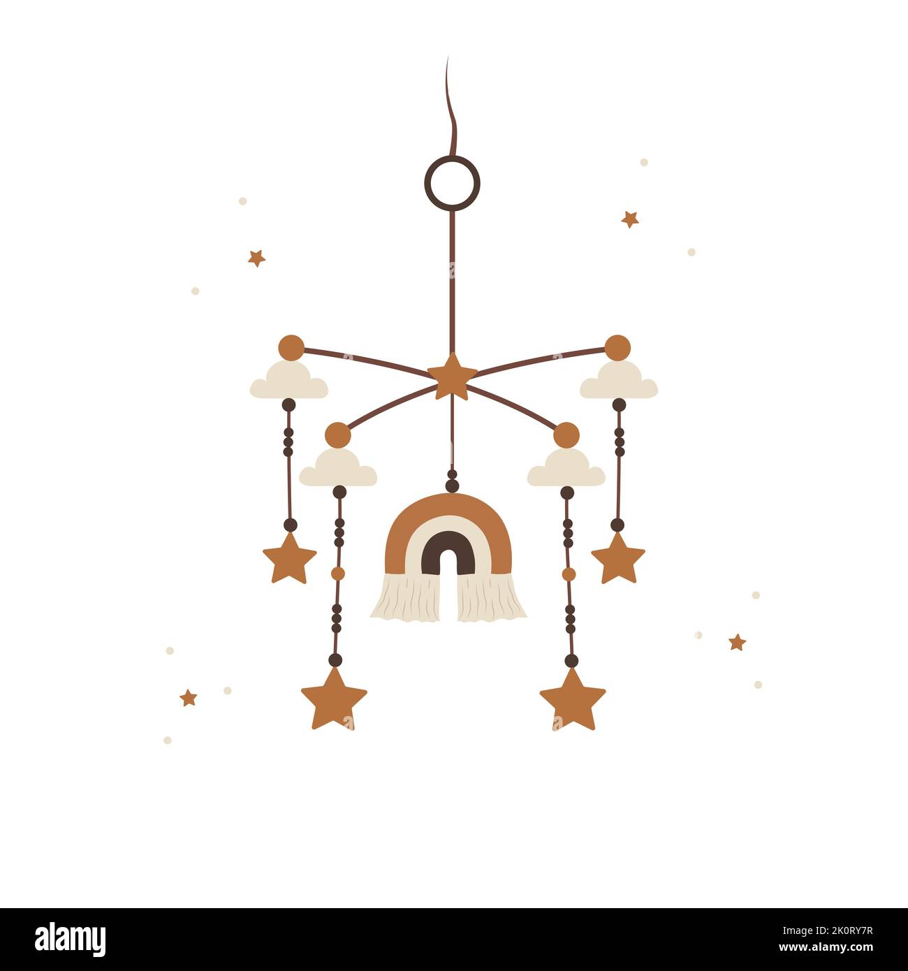 Boho baby mobile with rainbow. Hand drawn scandinavian hanging toy for