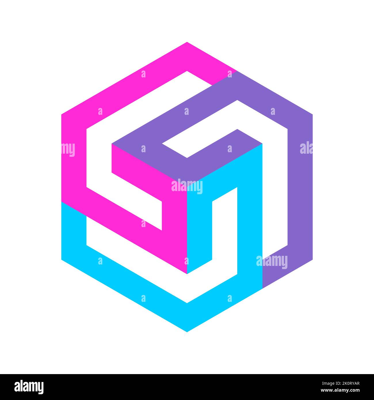 Colorful cube logo made of three elements. Triple L logo template. Geometric hexagon isometric shape. 3D puzzle game pieces. Building, architecture Stock Vector