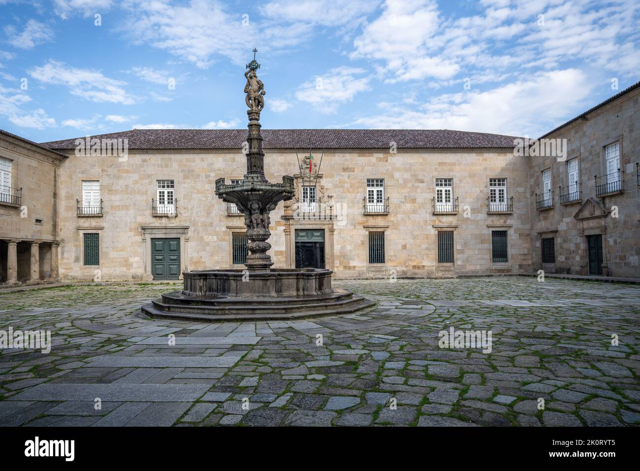 Castle Fountain and Archiepiscopal Palace at Largo do Paço - Braga, Portugal Stock Photo