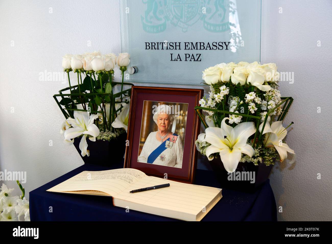 La Paz, Bolivia 13th September 2022: The Book of Condolence in the British Embassy in La Paz for people to leave tributes to Queen Elizabeth II, who died at Balmoral Castle on 8th September aged 96 after reigning for 70 years and 214 days, the longest reign of any British monarch. Stock Photo