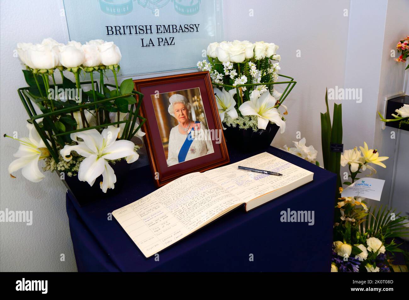 La Paz, Bolivia 13th September 2022: The Book of Condolence in the British Embassy in La Paz for people to leave tributes to Queen Elizabeth II, who died at Balmoral Castle on 8th September aged 96 after reigning for 70 years and 214 days, the longest reign of any British monarch. Stock Photo