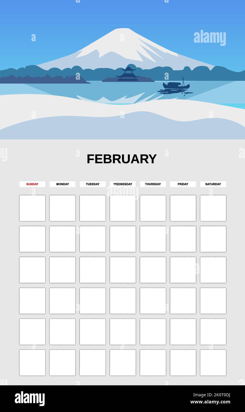 February Calendar Planner month. Minimalistic mountain snow peak
