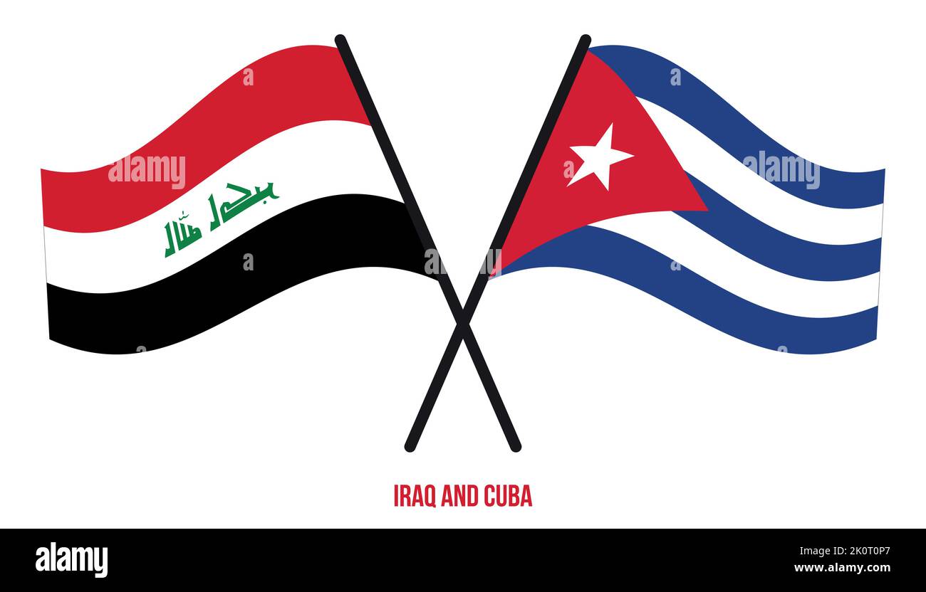 Iraq and Cuba Flags Crossed And Waving Flat Style. Official Proportion. Correct Colors. Stock Vector