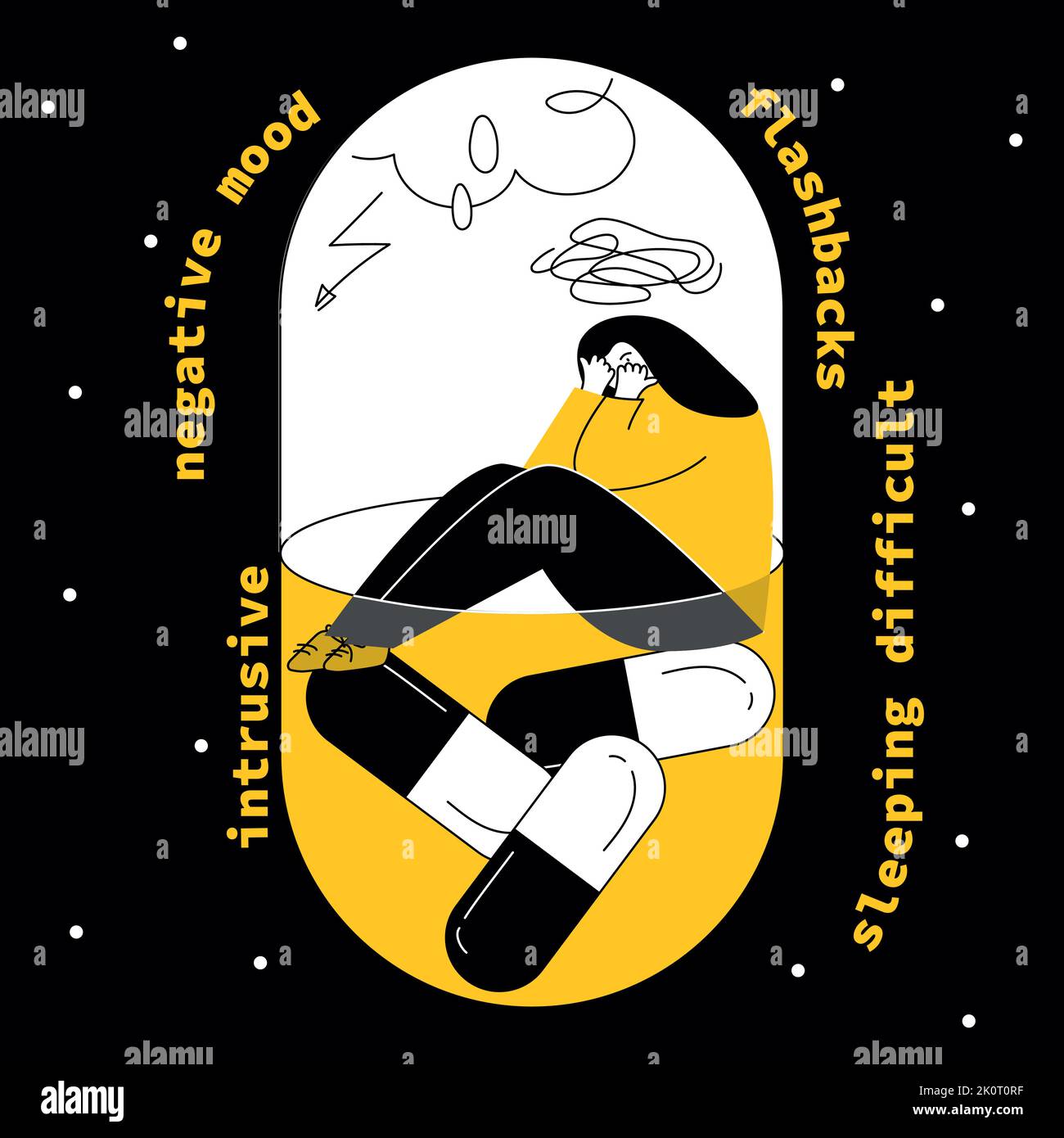 Woman with PTSD, OCD inside pill has symptoms intrusive thoughts, fear