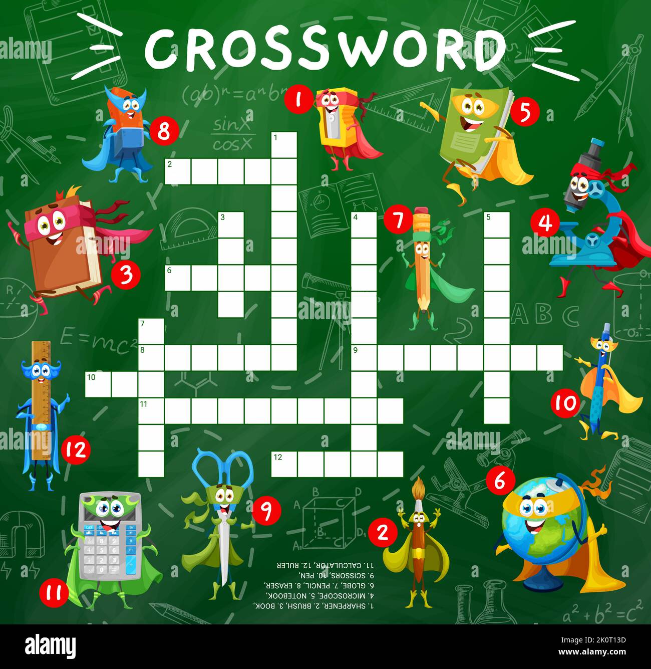 Crossword Quiz Game Cartoon School Stationery Superhero Characters Crossword Quiz Game Cartoon School Stationery Superhero Characters