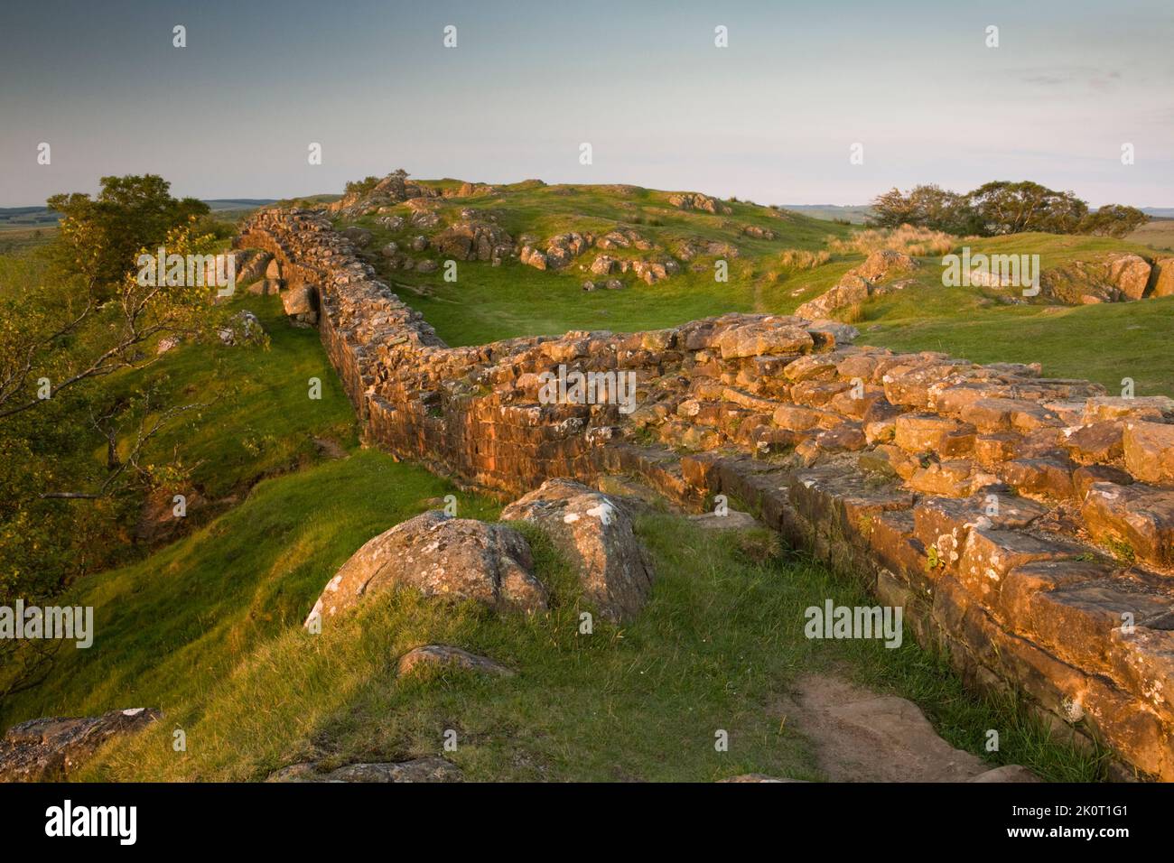 Evening light across Hadrian's Wall at Walltown Crags, Northumberland ...