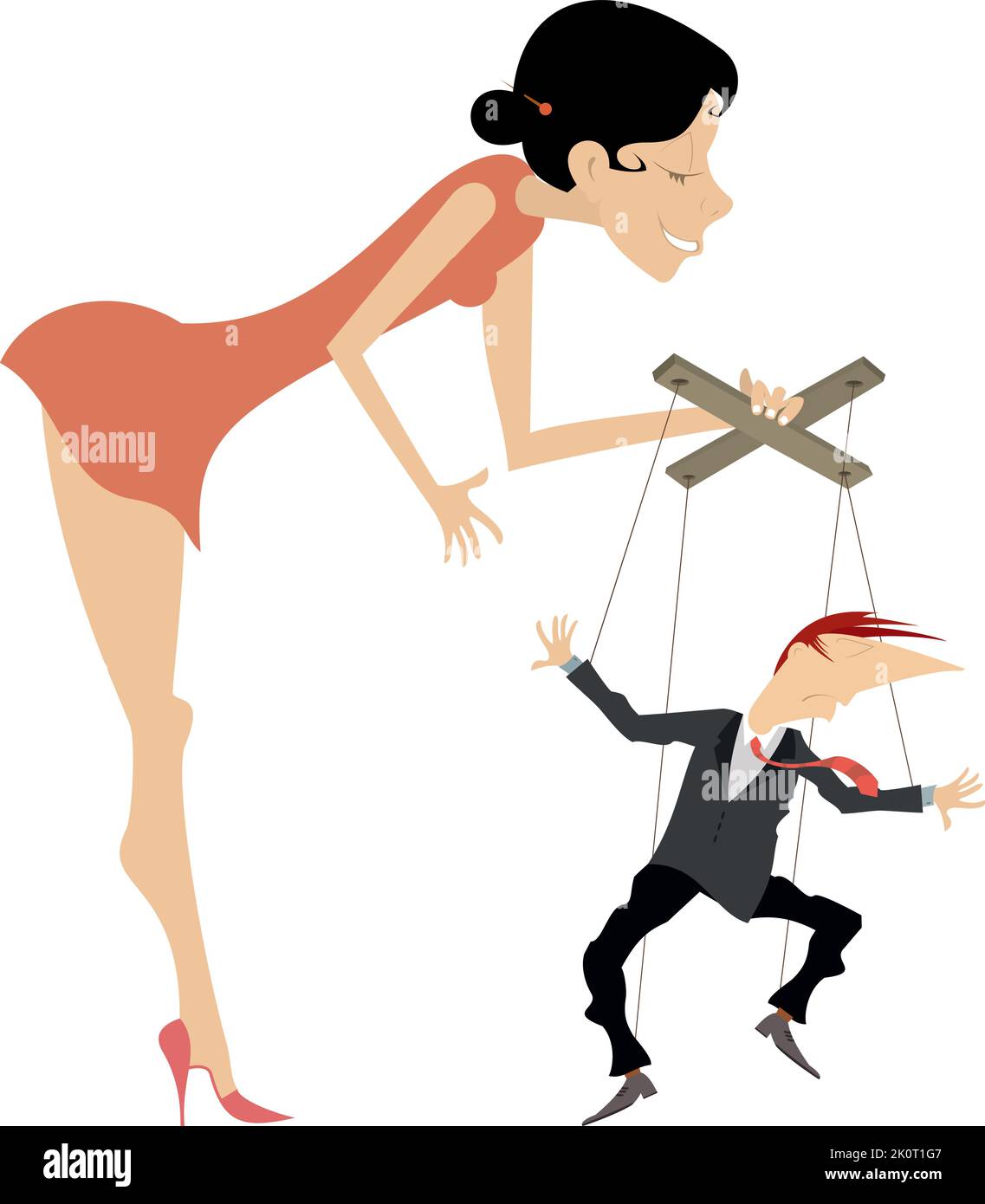 Woman and puppet man concept. Young woman master controls man like