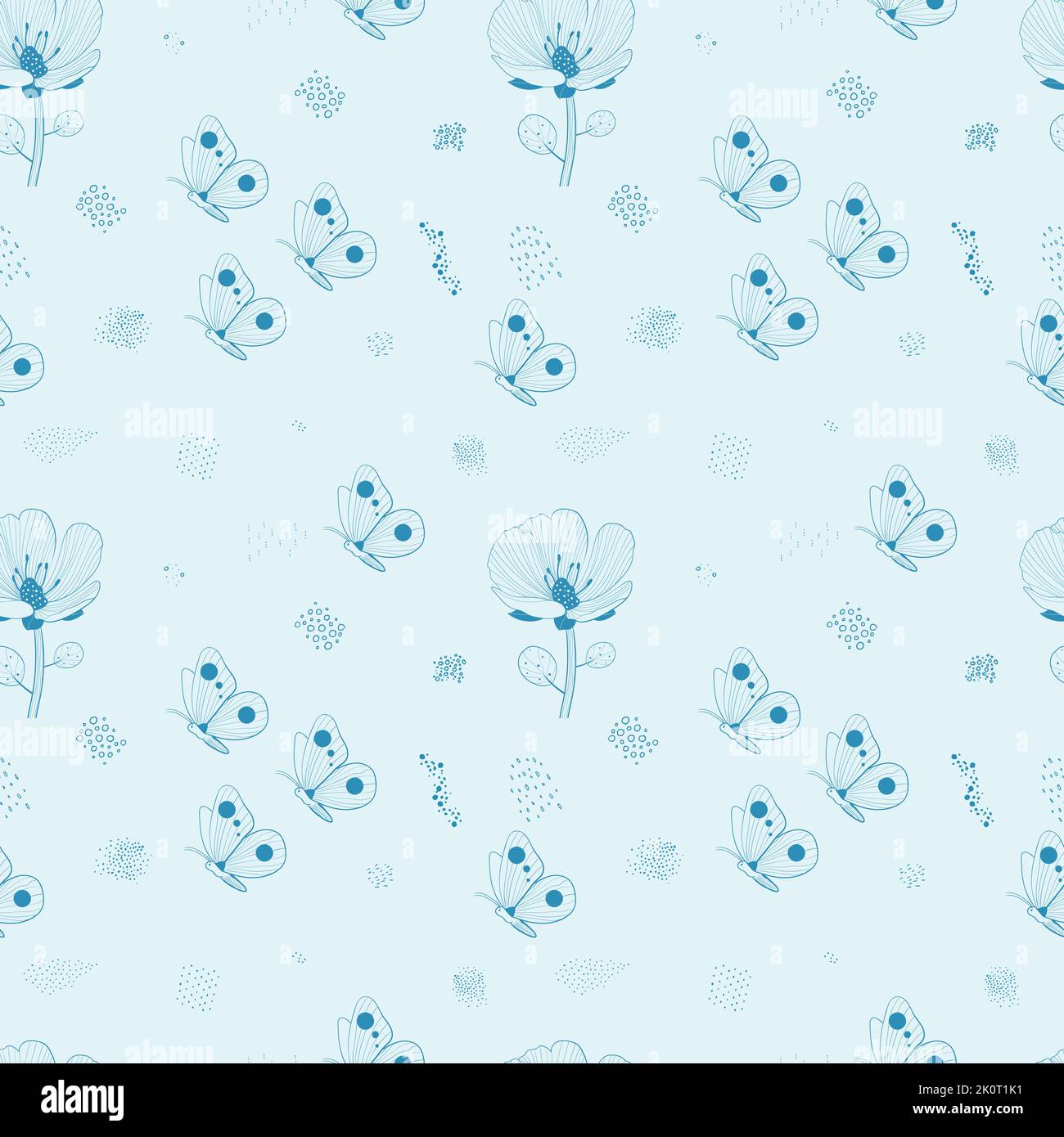 The beautiful butterflies and flowers outline on a light blue ...