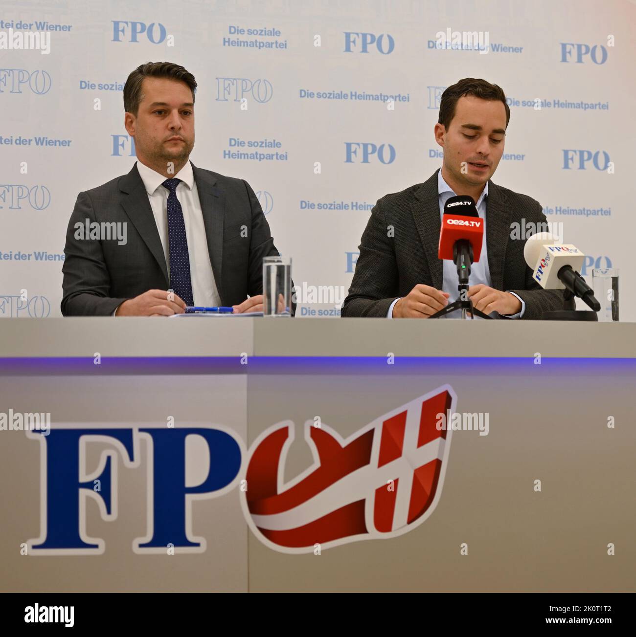 Vienna, Austria. 13th Sep, 2022. Press conference with FPÖ City Councilor Dominik Nepp (L) and FPÖ club chairman Maximilian Krauss (R). Committee of inquiry on Wien Energie is on the brink because of ÖVP disagreement Stock Photo
