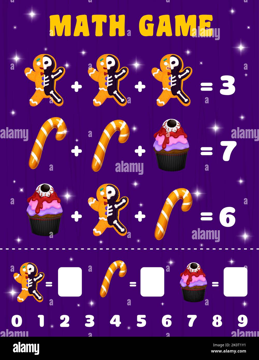 Cartoon Halloween sweets and candies. Math game worksheet. Children