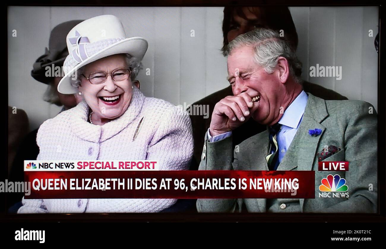 A screenshot of an NBC television special report announcing the death of Queen Elizabeth. Stock Photo