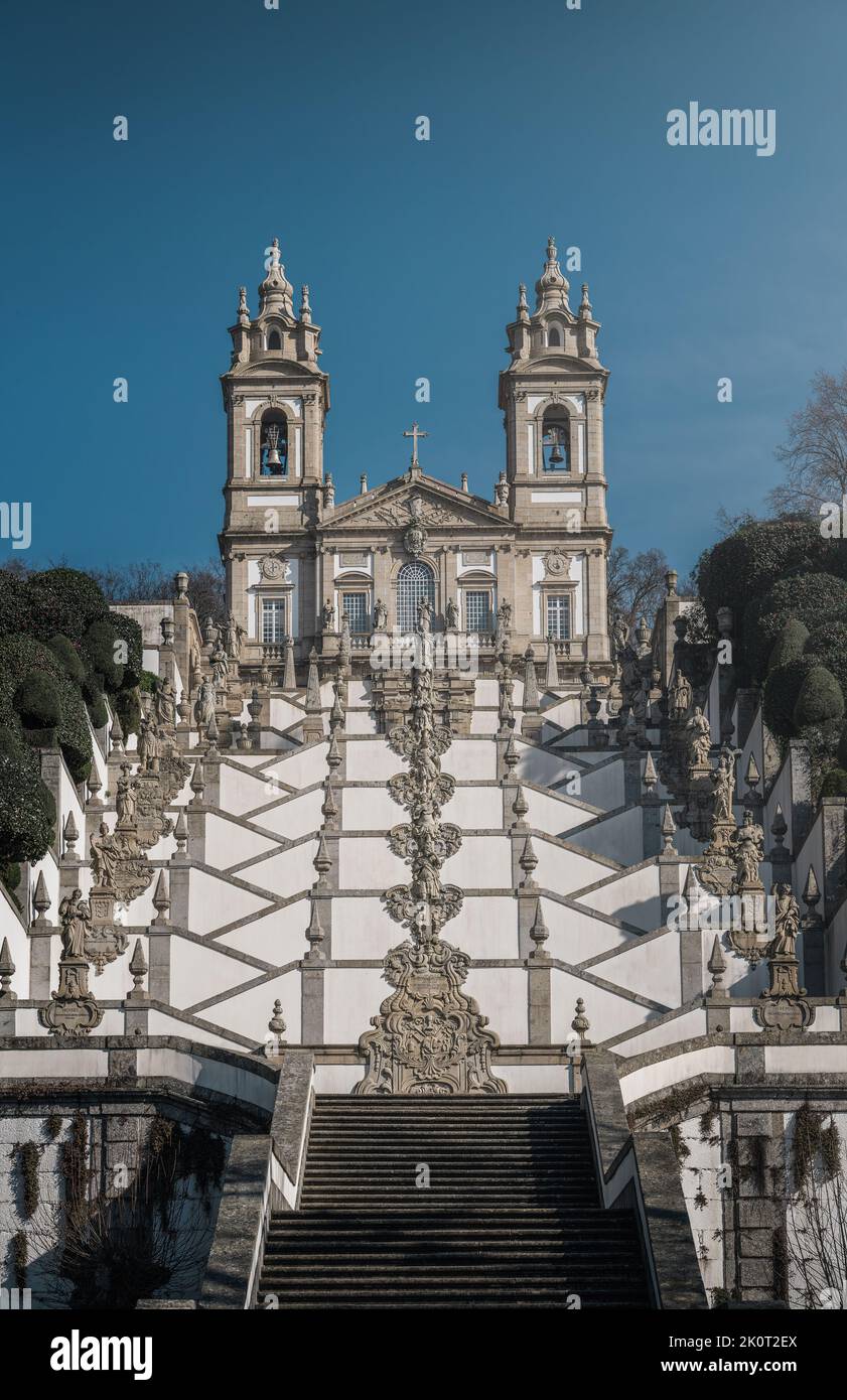 Stairway and church  at Sanctuary of Bom Jesus do Monte - Braga, Portugal Stock Photo