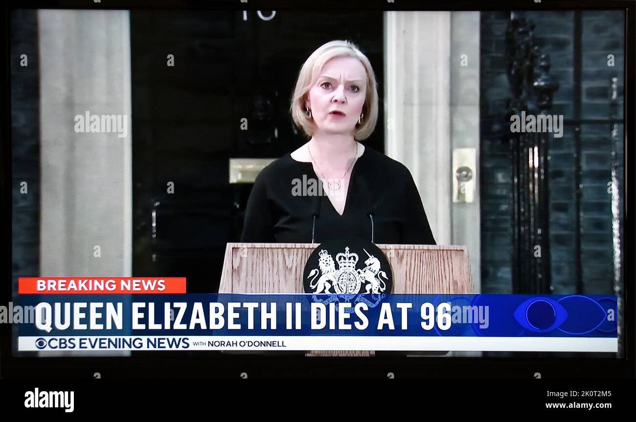 A U.S. television screenshot of CBS News coverage of the death of British Queen Elizabeth and statements by UK Prime Minister Liz Truss. Stock Photo