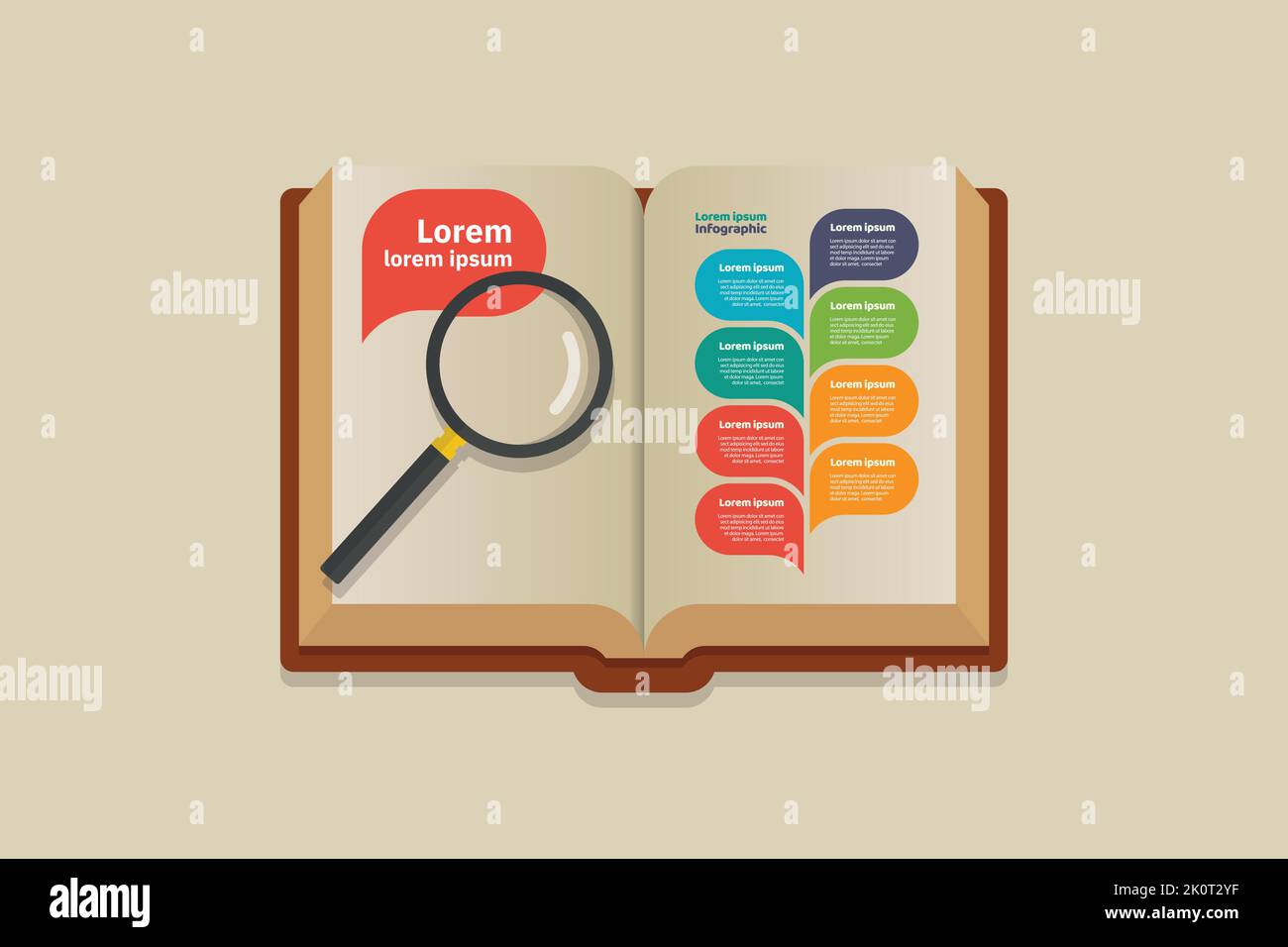 Magnifying glass on open book infographic. Vector illustration Stock Vector