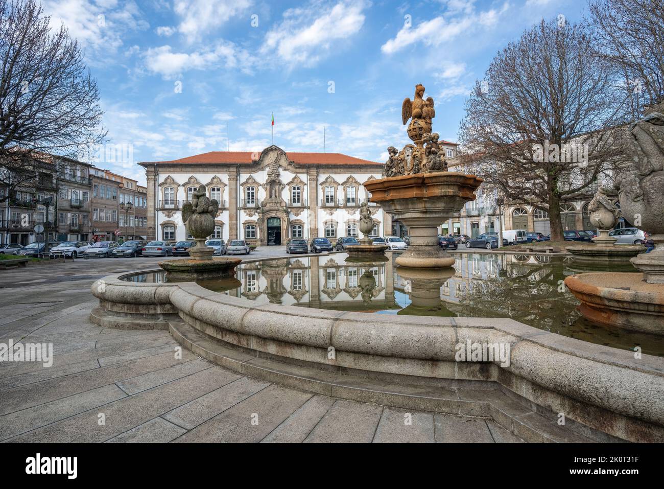 Braga City Hall (Paços do Concelho) and Pelican Fountain - Braga, Portugal Stock Photo