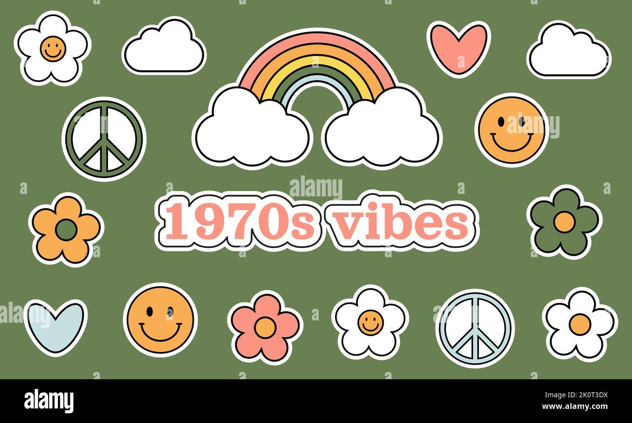 1970 trippy groovy sticker set. Daisies, hearts, rainbow, smiles, symbols peace, clouds on green background. 70s vibes elements, cartoon stickers. Gro Stock Vector