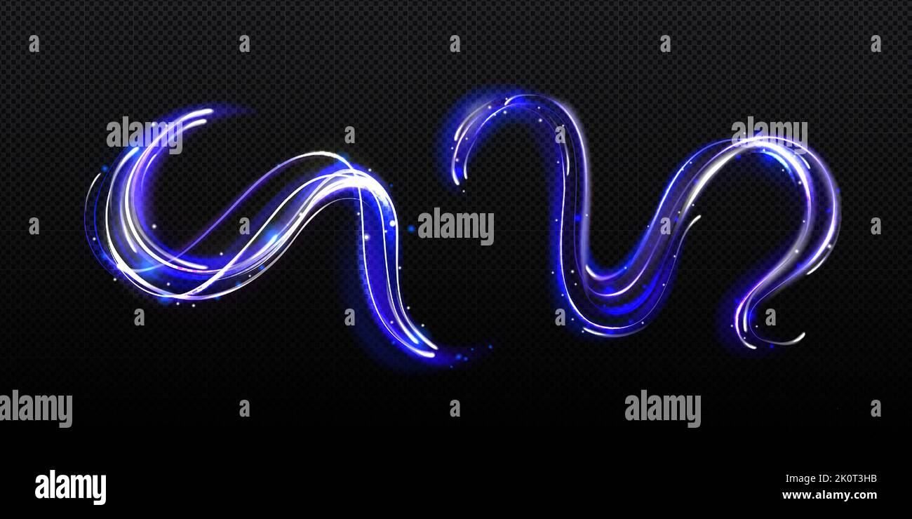 Blue neon light trails, magic shiny lines isolated on transparent background. Luxury dynamic speed effect, bright wavy and curved glowing stripes, vector realistic illustration Stock Vector