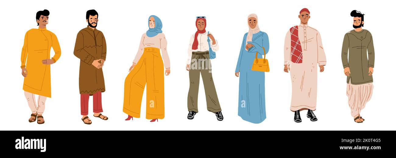 Young Arab people vector illustration set. Collection of flat male and female characters wearing traditional muslim clothes standing isolated on white background. Modern fislamic ethnic fashion Stock Vector