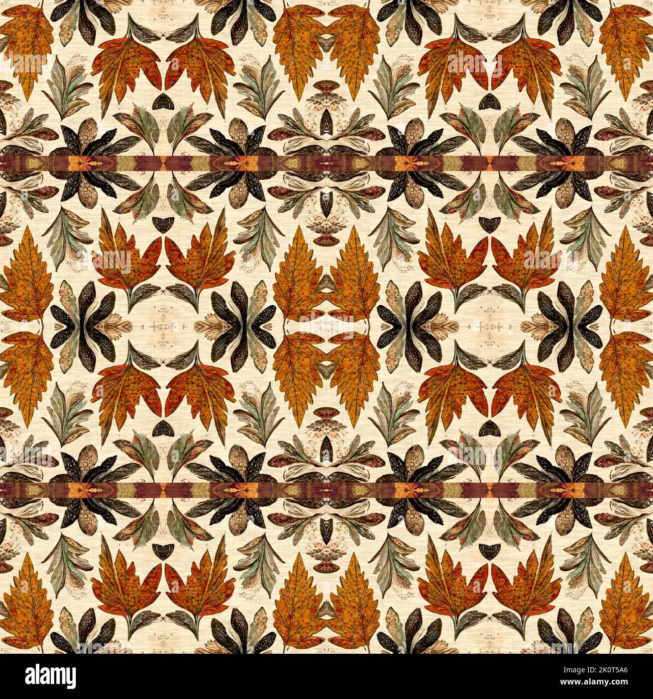 Autumn leaves woodland seamless pattern. Brown retro kaleidoscopic textile print. Backdrop of vintage ornate forest wallpaper. Garden botanical print Stock Photo