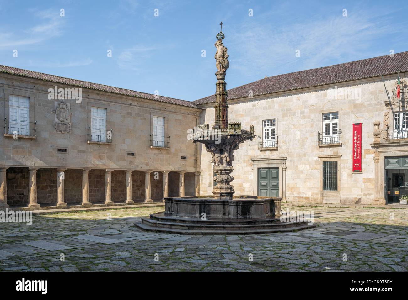 Minho University and Castle Fountain at Largo do Paço - Braga, Portugal Stock Photo