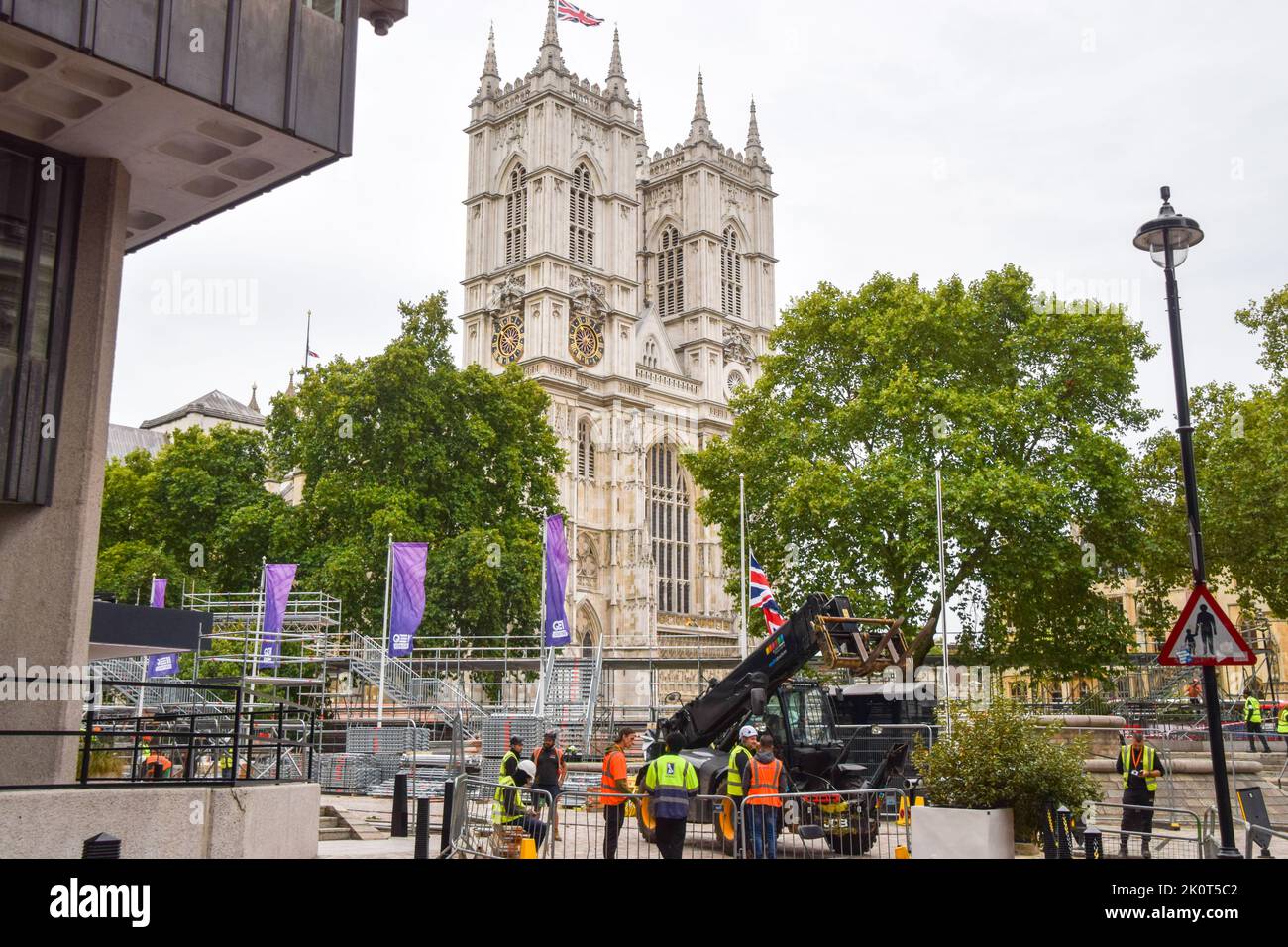 London, UK. 13th Sep, 2022. Stands are built outside Westminster Abbey ahead of the Queen's funeral which takes place on 19th September. Close to a million people are expected to arrive to see Queen Elizabeth II's coffin before the funeral, with massive overnight queues. (Credit Image: © Vuk Valcic/SOPA Images via ZUMA Press Wire) Stock Photo
