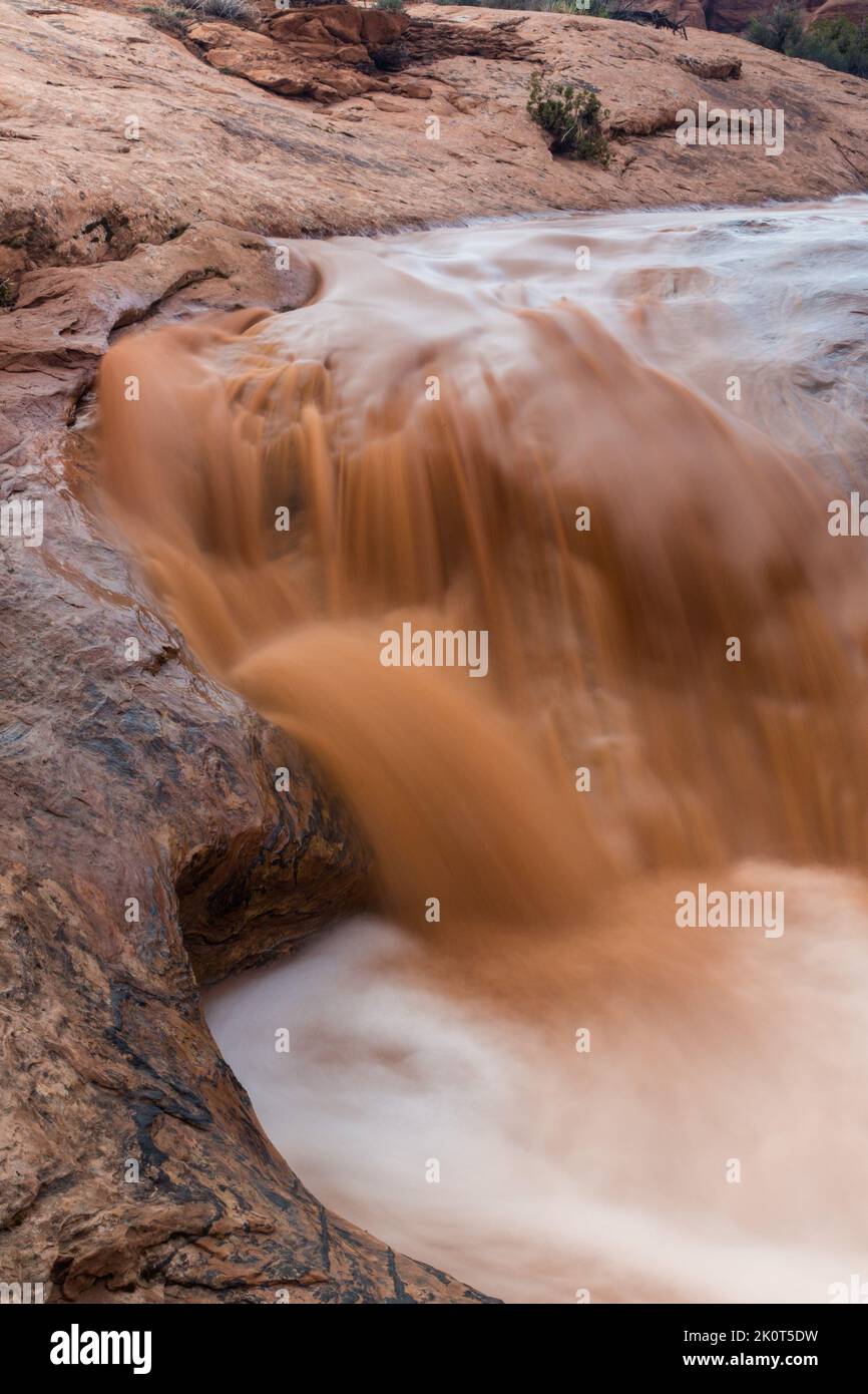A flash flood in the desert after a heavy rain in Arches National Park