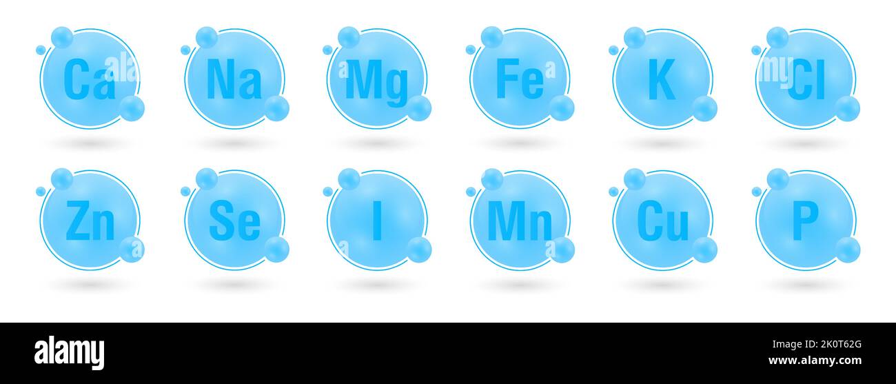 Minerals. Macrominerals and microminerals set, collection. Ca, Na, Mg, Fe, Cl, K, Zn, Se, I, Mn, Cu, P. Nutrition illustration. Dietary elements. Mine Stock Vector