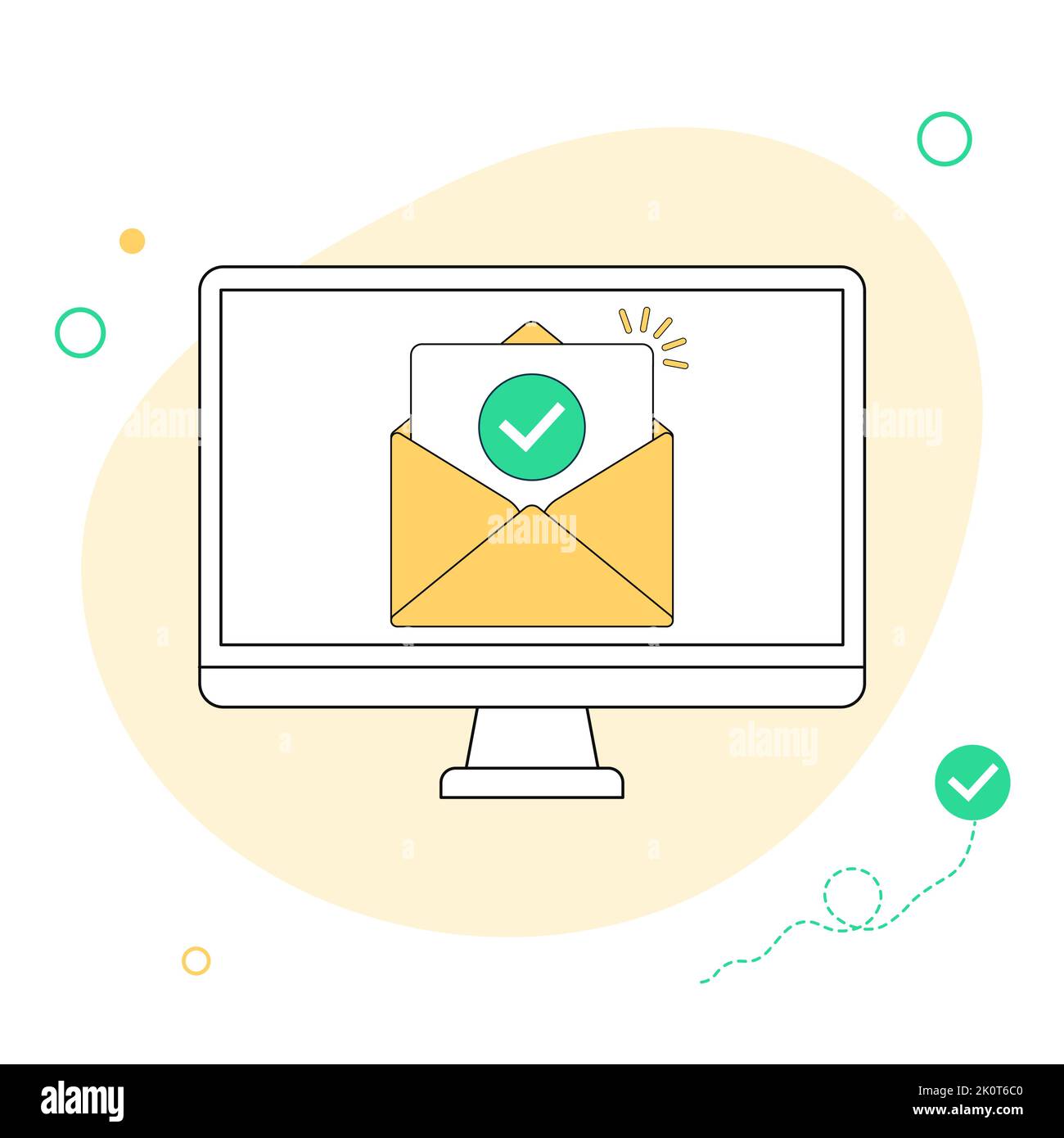 Check mark document in mail envelope. Approved email message on