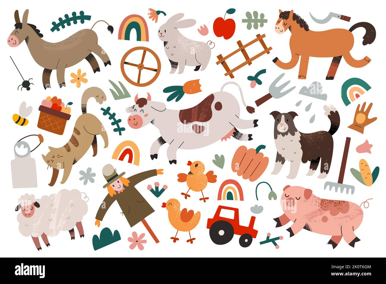 Farmhouse animals collection, farm animals, smiling horse, cute sheep, funny piggy and dancing cow, adorable cartoon characters, hand drawn vector Stock Vector