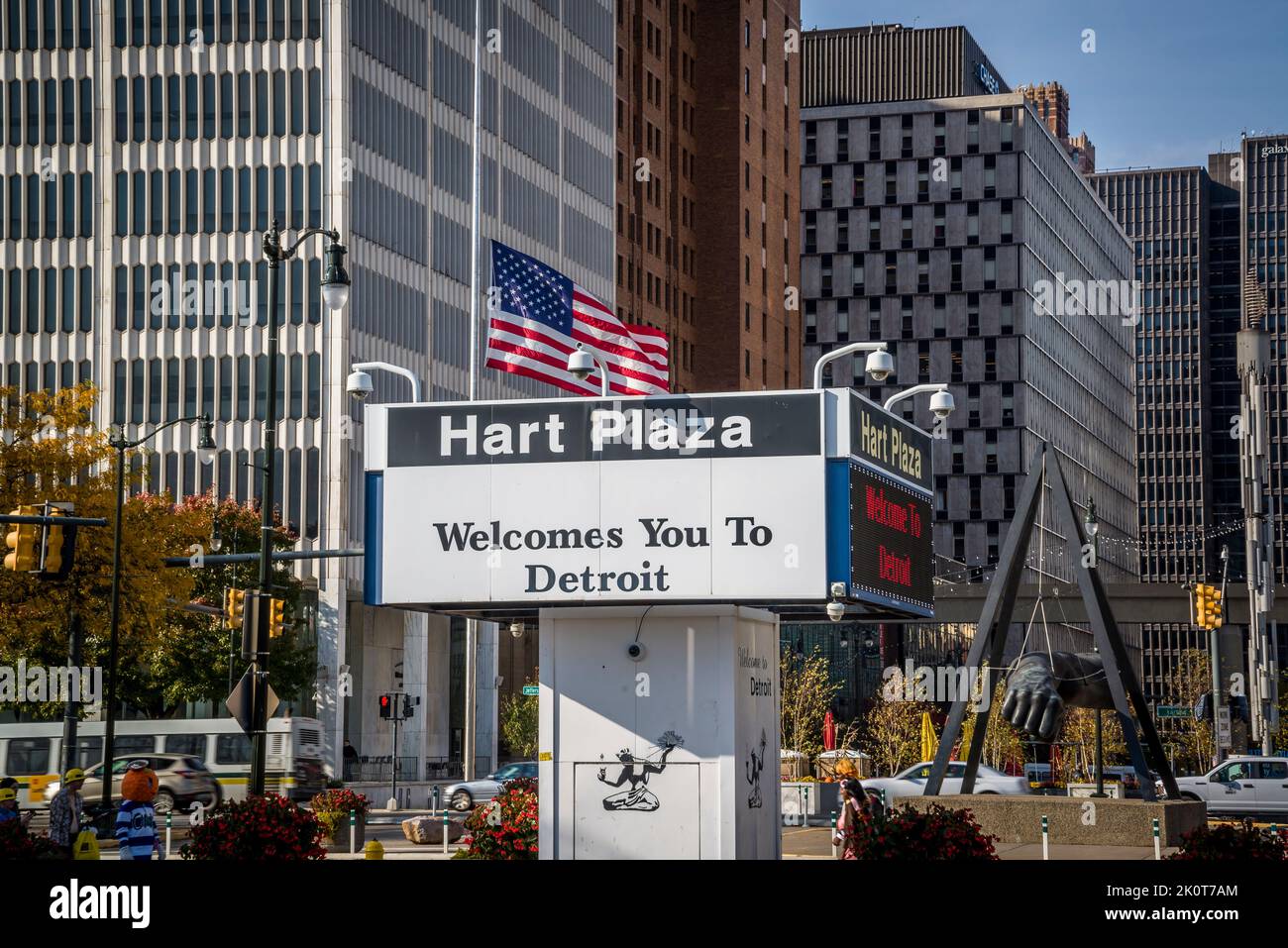 Philip A. Hart Plaza sign, Detroit, Michigan, USA Stock Photo