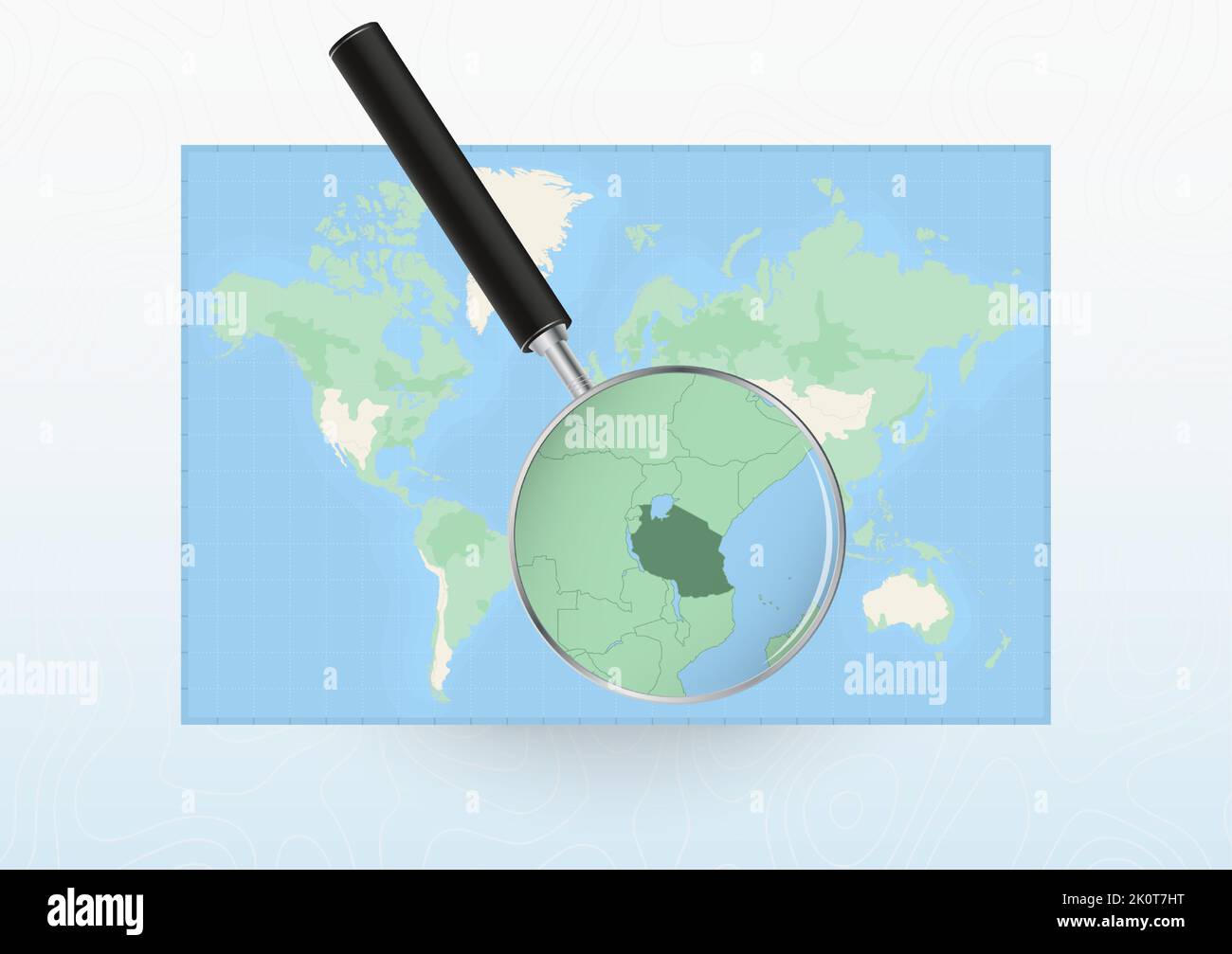 Map of the World with a magnifying glass aimed at Tanzania, searching Tanzania with loupe. Vector map. Stock Vector