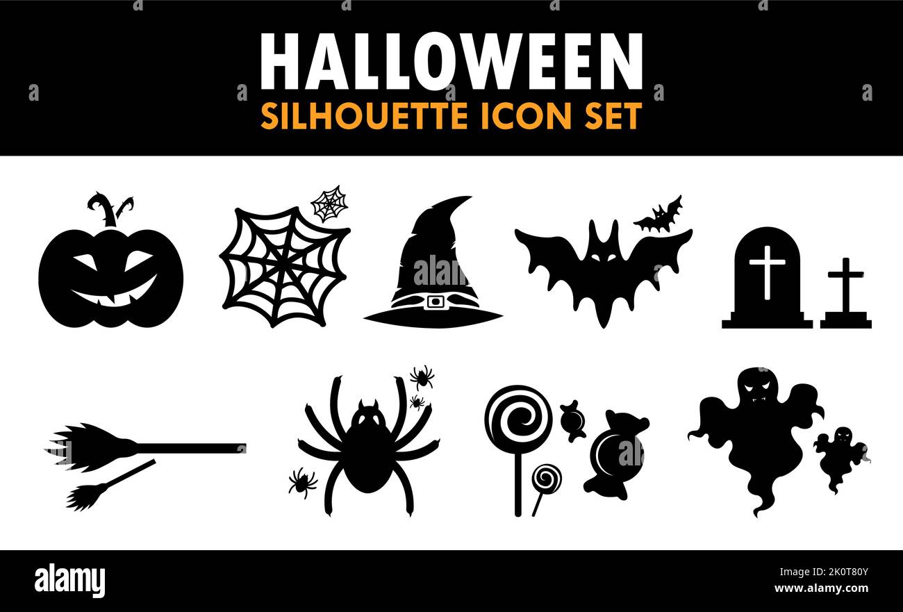 Halloween Silhouette Icon Set Pumpkin Web Hat Grave Holiday Illustration Stock Vector