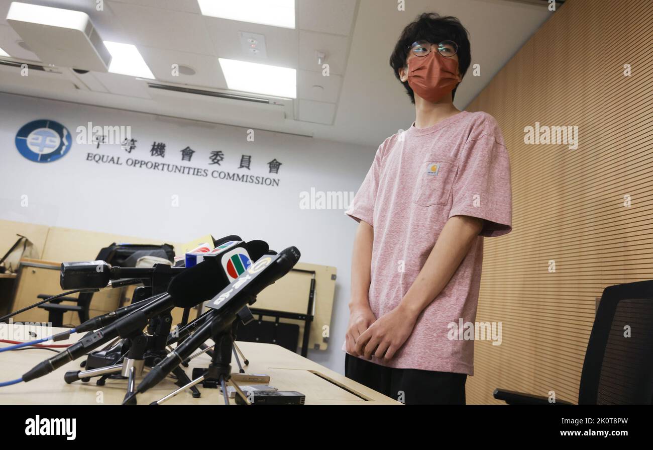 Nathan Lam Chak-chun speaks to the press after his mediation meeting with Tung Wah Group of Hospitals Wong Fut Nam College Principal Lee Ching-pong, arranged by the Equal Opportunities Commission in Wong Chuk Hang. 08SEP22 SCMP / Jonathan Wong Stock Photo