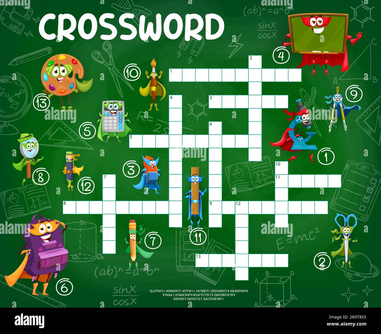 Crossword quiz game grid. Cartoon school education superhero characters. Crossword puzzle vector