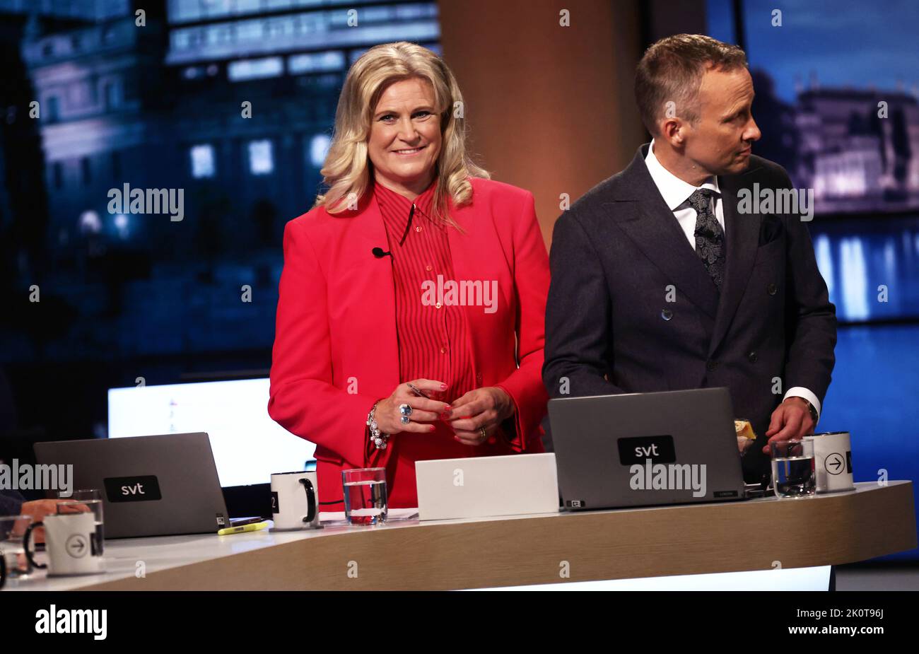 The Swedish parliamentary elections, election day, during Sunday in Stockholm, Sweden. In the picture: Sveriges Television's broadcast during election evening. In the picture: Camilla Kvartoft and Anders Holmberg. Stock Photo