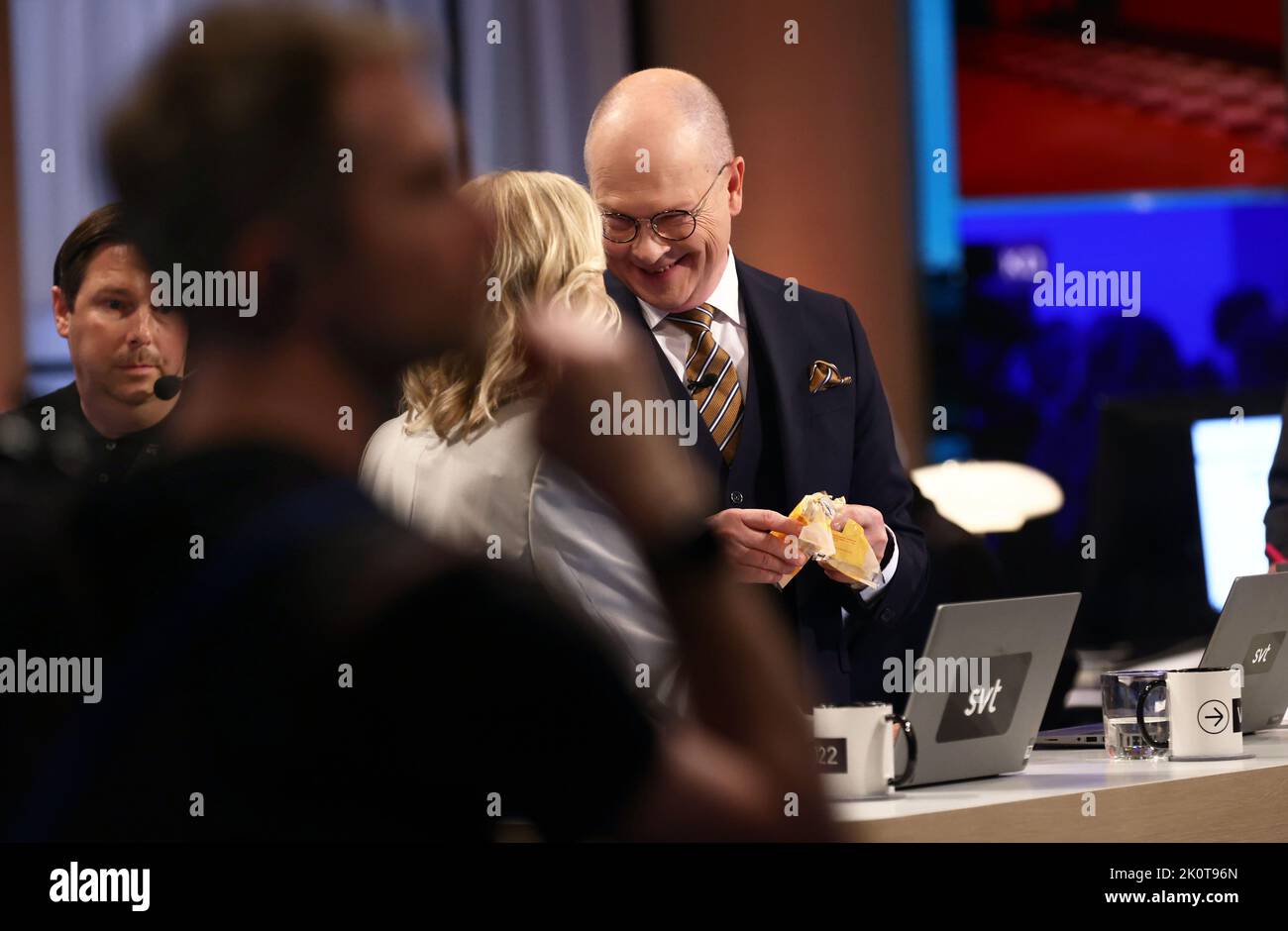 The Swedish parliamentary elections, election day, during Sunday in Stockholm, Sweden. In the picture: Sveriges Television's broadcast during election evening. In the picture: Mats Knutsson, SVT. Stock Photo