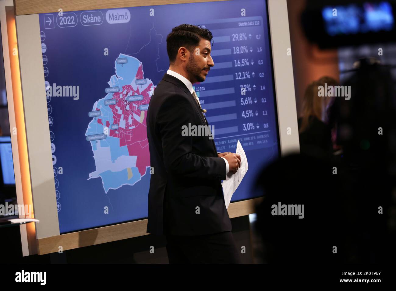 The Swedish parliamentary elections, election day, during Sunday in Stockholm, Sweden. In the picture: Sveriges Television's broadcast during election evening. In the picture: Fouad Youcefi, SVT. Stock Photo