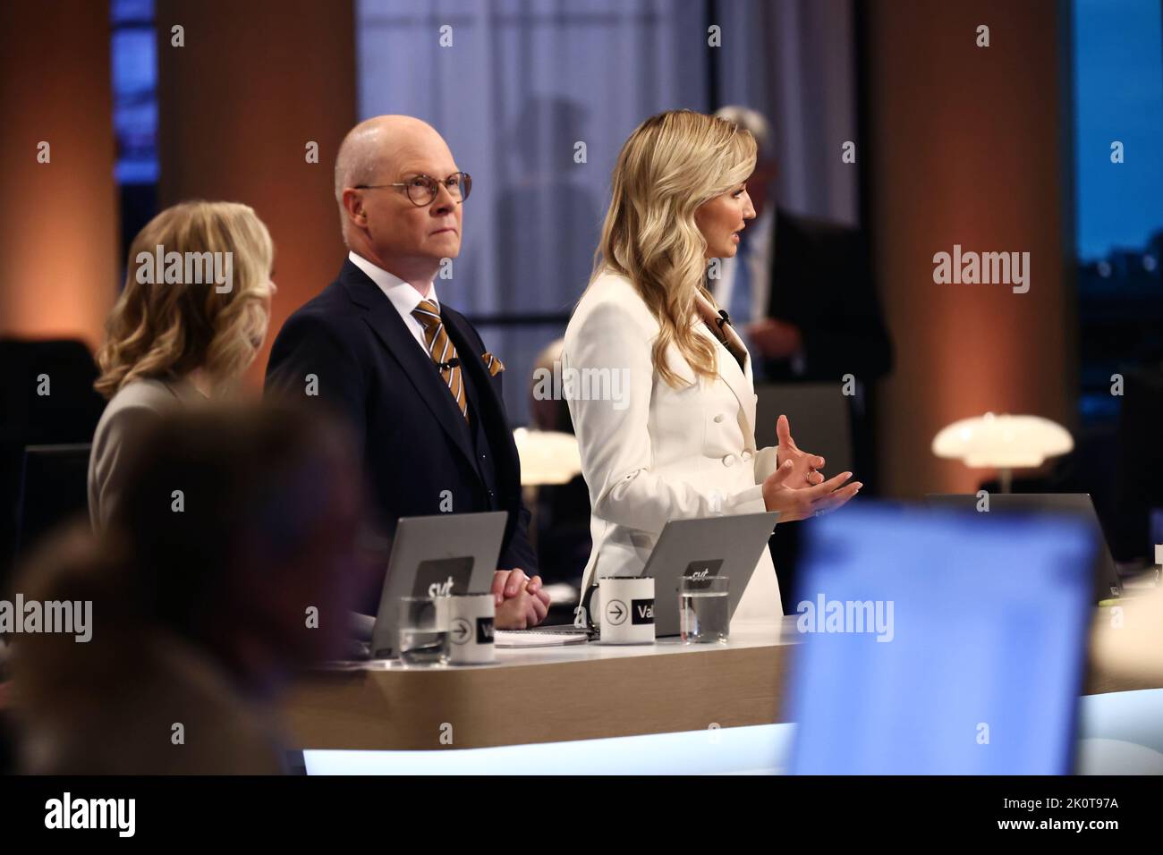 The Swedish parliamentary elections, election day, during Sunday in Stockholm, Sweden. In the picture: Sveriges Television's broadcast during election evening. In the picture: Anders Holmberg and Camilla Kvartoft. In the picture: Ebba Bush, The Christian Democrats (Swedish: Kristdemokraterna). Stock Photo