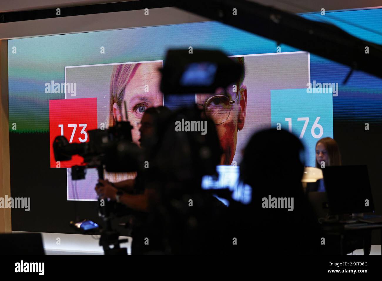 The Swedish parliamentary elections, election day, during Sunday in Stockholm, Sweden. In the picture: Sveriges Television's broadcast during election evening. IFrom left Magdalena Andersson (s) and Ulf Kristersson (m). Stock Photo