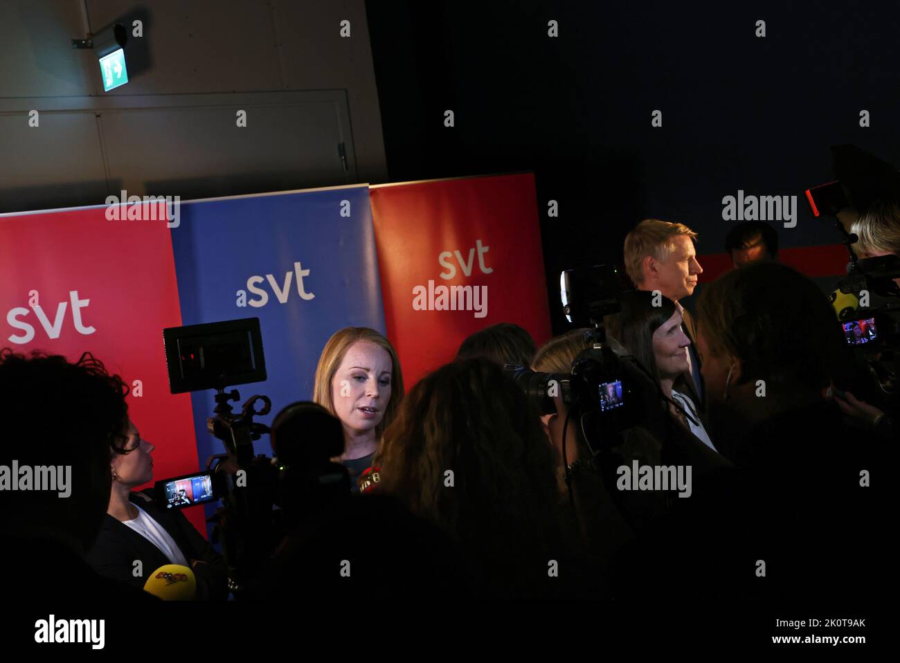 The Swedish parliamentary elections, election day, during Sunday in Stockholm, Sweden. In the picture: Sveriges Television's broadcast during election evening. In the picture: Annie Lööf, The Centre Party (In swedish: centerpartiet). To the right Märta Stenevi and Per Bolund, The Green Party (Swedish: Miljöpartiet de gröna). Stock Photo