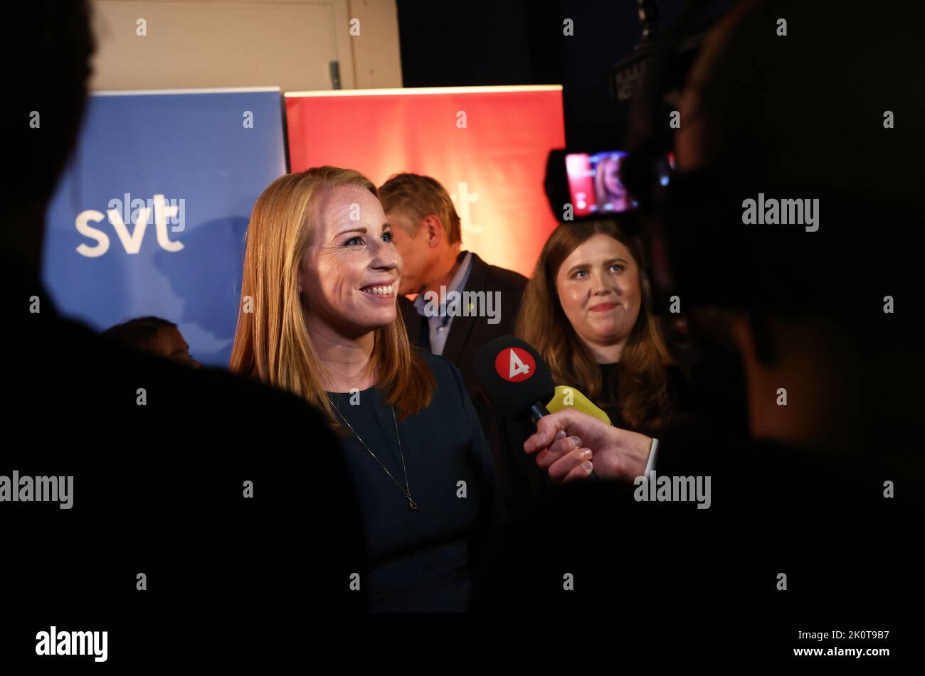 The Swedish parliamentary elections, election day, during Sunday in Stockholm, Sweden. In the picture: Sveriges Television's broadcast during election evening. In the picture: Annie Lööf, The Centre Party (In swedish: centerpartiet). Stock Photo