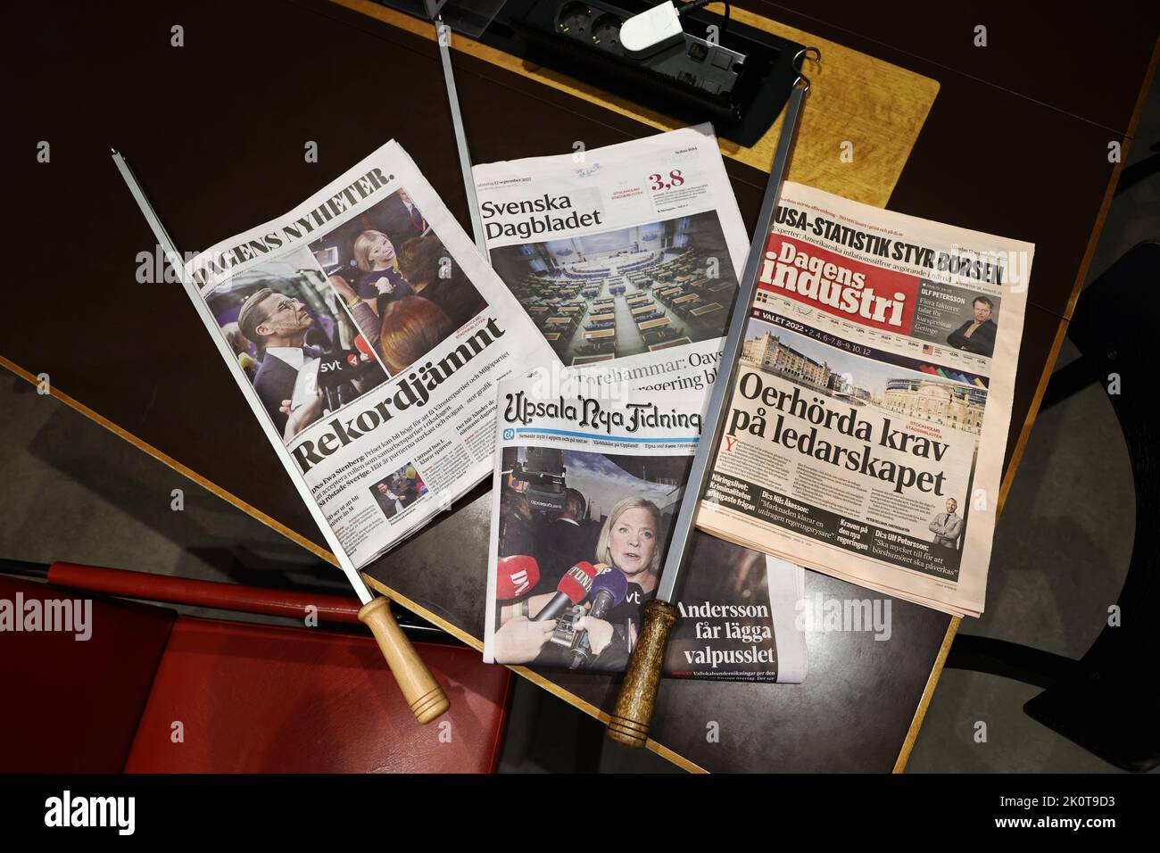 The day after the election day, the Swedish parliamentary elections. Here are Swedish newspapers at Stockholm Public Library (Swedish: Stockholms stadsbibliotek or Stadsbiblioteket), the day after the Swedish parliamentary elections. Stock Photo