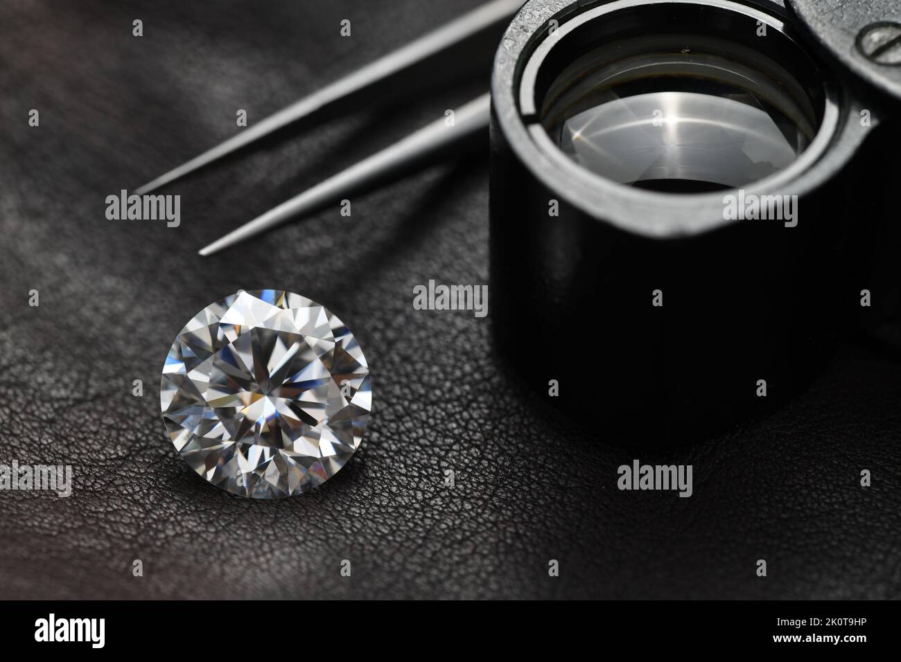Round Cut Precious Diamonds on Leather Stock Photo