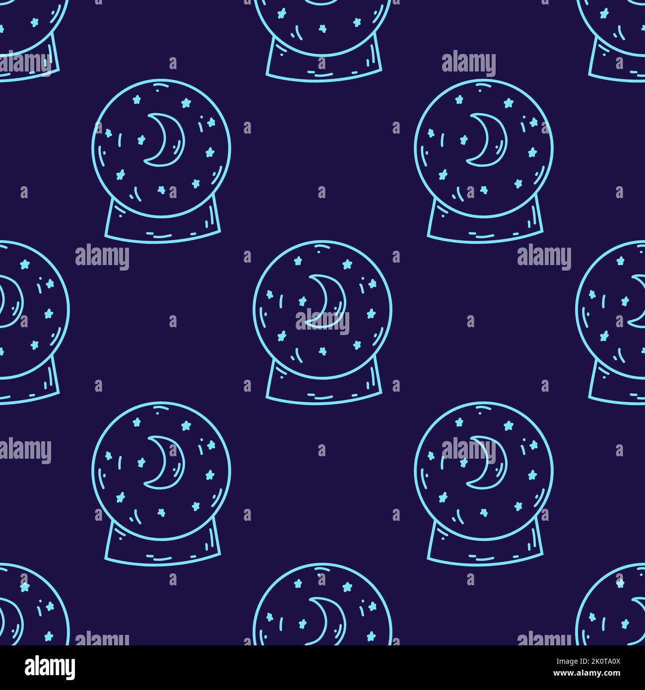 Seamless pattern with doodle neon blue magic ball. Vector illustration
