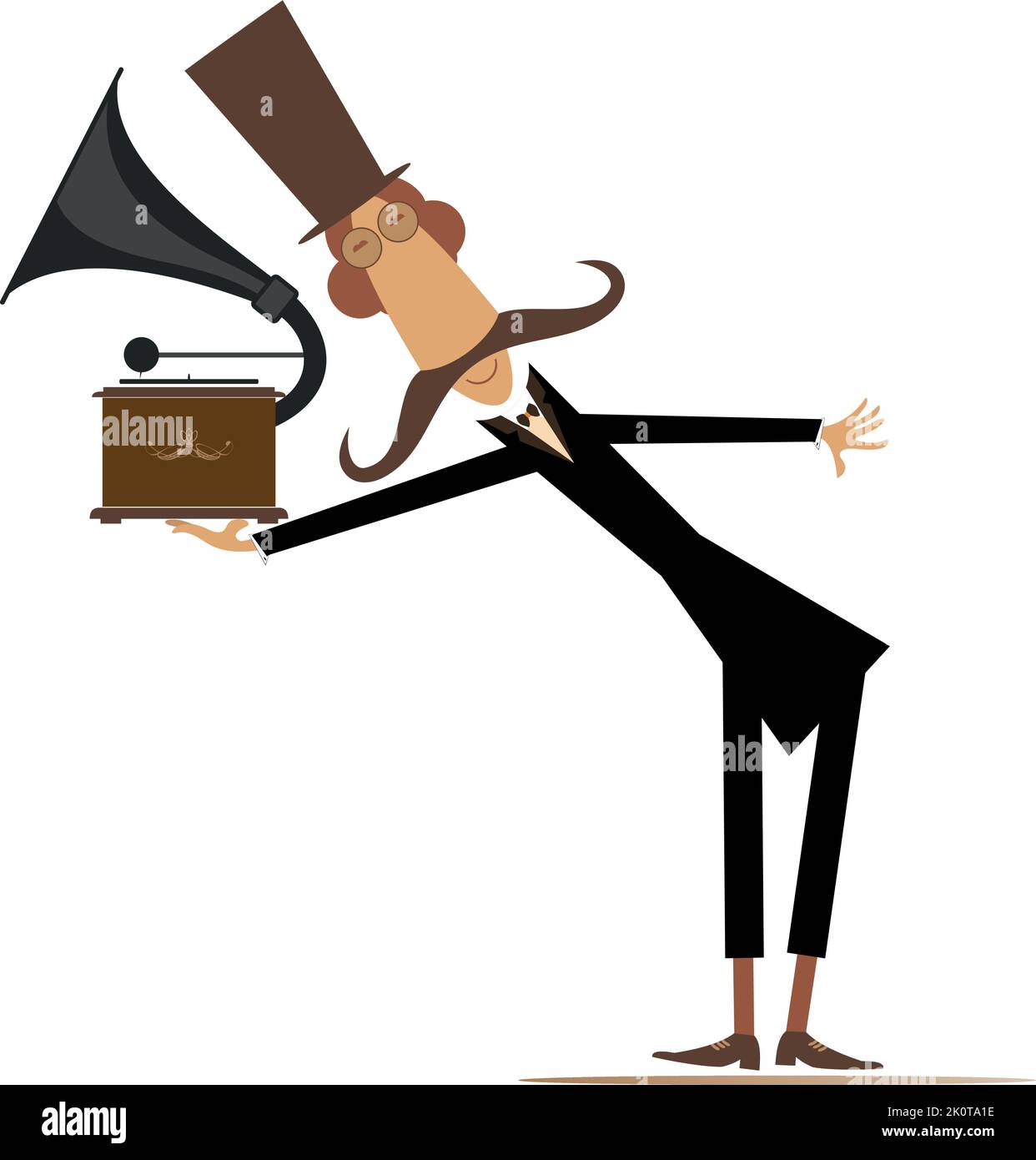 Man and retro record player illustration. Funny mustache man in the top