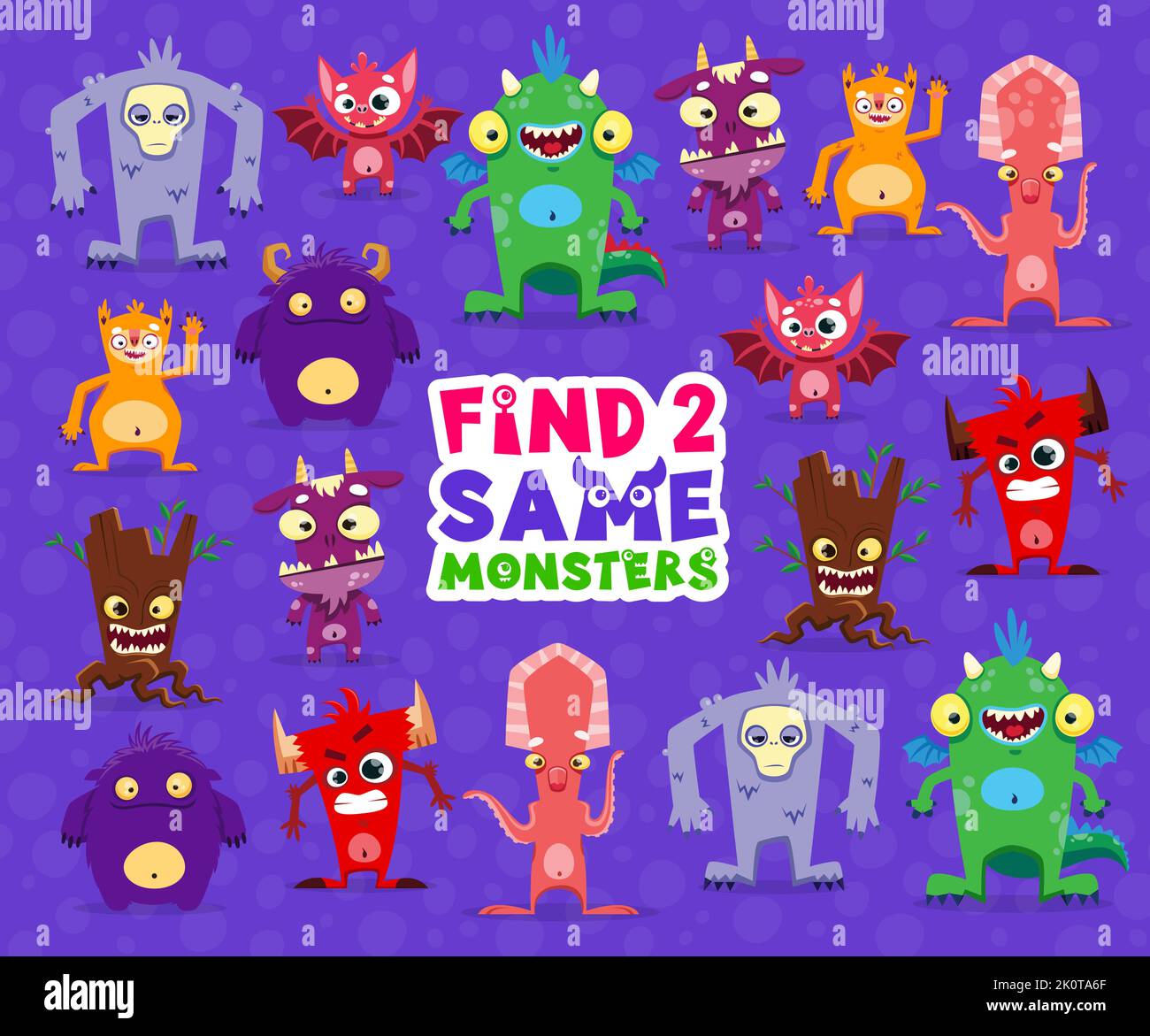 Find two same cartoon monster characters. Same picture finding quiz